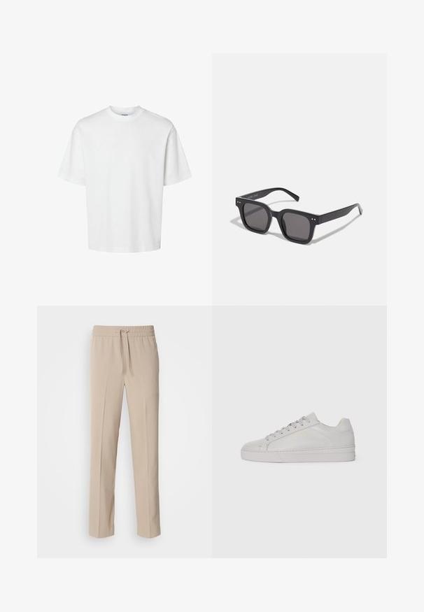 Fehér pamut póló rövid ujjakkal, kerek nyakkivágással és laza szabással. Simább textúra, látható minták vagy kiegészítők nélkül.; Világosbarna, lazán hasított nadrág, puha anyagból készült, rugalmas derékkal és húzózsinórral, egyenes szárakkal, minimális díszítéssel.; Világosszürke bőr sportcipő sima felülettel, lekerekített orral, lapos gumitalppal és egyszínű fűzőkkel. Jellemzője a minimális arany színű logó.; Fekete téglalap alakú napszemüveg sötét lencsékkel, vastag kerettel, finom díszítésekkel az oldalán, és a márkanevet leszámítva látható logók nélkül.