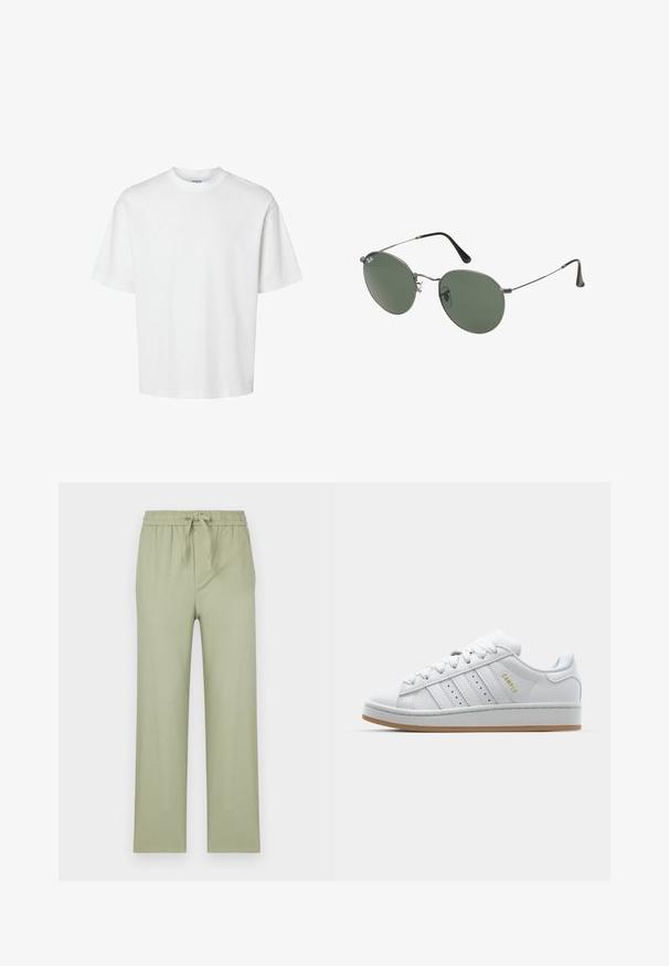Tricou alb din bumbac, cu mâneci scurte, guler rotund și o croială lejeră. Textură netedă, fără modele sau accente vizibile.; Pantaloni de culoare verde măslin deschis, realizați dintr-un material moale. Au o talie elastică cu șnur și picioare drepte, largi.; Adidași albi cu un design perforat cu trei dungi, accente texturate, o talpă din cauciuc și logo-ul "CAMPUS" în aur pe lateral.; Ochelari de soare cu ramă metalică, dotati cu lentile ovale verzi. Ramă subțire din metal argintiu și ușițe negre. Design minimalist, fără logo-uri vizibile.