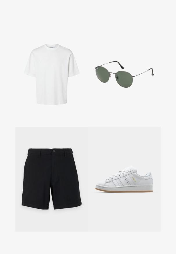 Vit bomullströja med korta ärmar, rundad halsringning och en avslappnad passform. Slät textur utan synliga mönster eller detaljer.; Svarta bomullsshorts med knappstängning, sidfickor och rak bendesign. Tyget har en slät yta och en enkel finish.; Vit sneaker med perforerad tre-randig design, texturerade detaljer, gummisula och "CAMPUS"-logotyp i guld på sidan.; Metallinramade solglasögon med ovala gröna linser. Tunn silvermetallram och svarta öronpluggar. Minimalistisk design, inga synliga logotyper.
