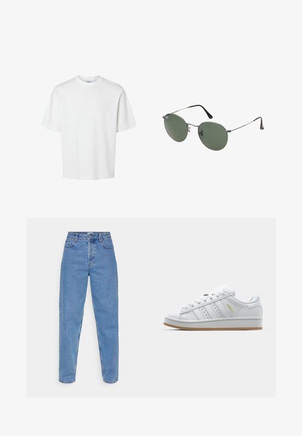 Camiseta blanca de algodón con mangas cortas, escote redondo y un corte relajado. Textura suave sin patrones o acentos visibles.; Jeans de mezclilla de color azul claro, de talle alto y corte recto, con cinco bolsillos y un cierre clásico de botón y cremallera.; Zapatilla blanca con diseño de tres rayas perforadas, acentos texturizados, suela de goma y el logo "CAMPUS" en dorado en el lateral.; Gafas de sol con marco de metal y lentes ovalados verdes. Marco delgado de metal plateado y puntas de las orejas negras. Diseño minimalista, sin logotipos visibles.