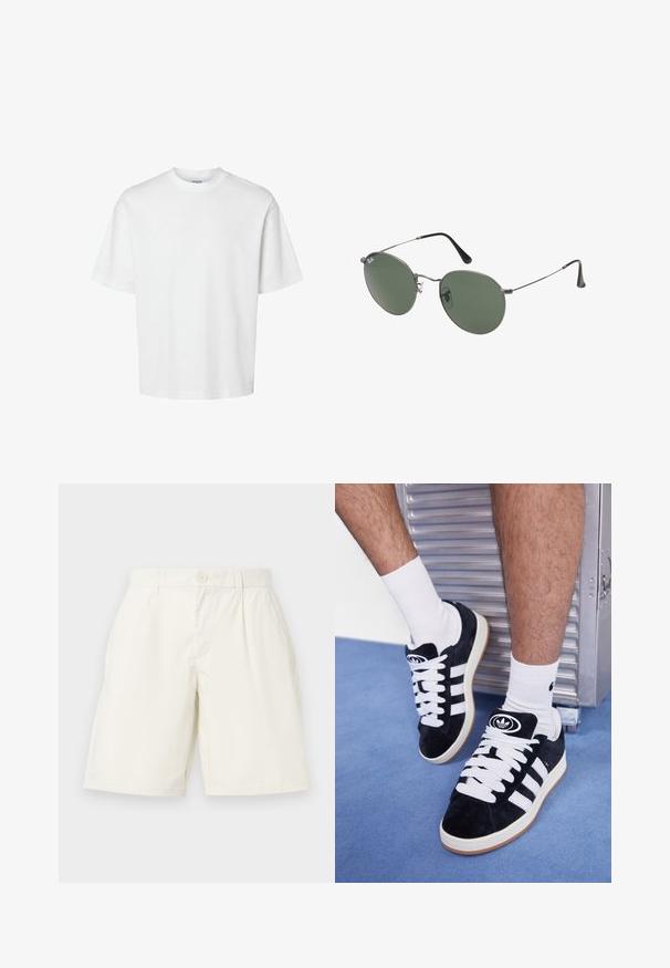 Valkoinen puuvillapaita lyhyillä hihoilla, pyöreällä kaula-aukolta ja rentoa istuvuutta. Sujuva pinta ilman näkyviä kuvioita tai korostuksia.; Valkoiset puuvillashortsit suoralinjaisella leikkauksella, joissa on napitus ja sivutaskut. Sileä pinta ilman näkyviä kuvioita.; Mustat mokkasneakersit, joissa on valkoiset nauhat ja kolme valkoista raitaa. Kengissä on ympyrän muotoinen musta logo kielen päällä ja kuminen pohja.; Aurinkolasit metallikehyksillä, joissa on soikeat vihreät linssit. Ohut hopeinen metallikehys ja mustat korvapehmusteet. Minimalistinen muotoilu, ei näkyviä logoja.