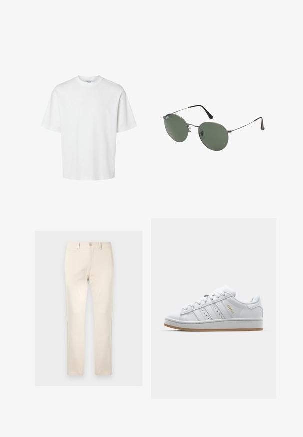 Bílý bavlněný tričko s krátkými rukávy, klasickým kulatým výstřihem a volným střihem. Hladká textura bez viditelných vzorů nebo akcentů.; Béžové bavlněné kalhoty s rovnou siluetou, mají jednu přední kapsu, zapínání na knoflík a jemné detaily šití.; Bílé tenisky s perforovaným designem tří pruhů, texturovanými detaily, gumovou podrážkou a zlatým logem "CAMPUS" po straně.; Sluneční brýle s kovovým rámem a oválnými zelenými skly. Tenký stříbrný kovový rám a černé chrániče uší. Minimalistický design, žádné viditelné logo.