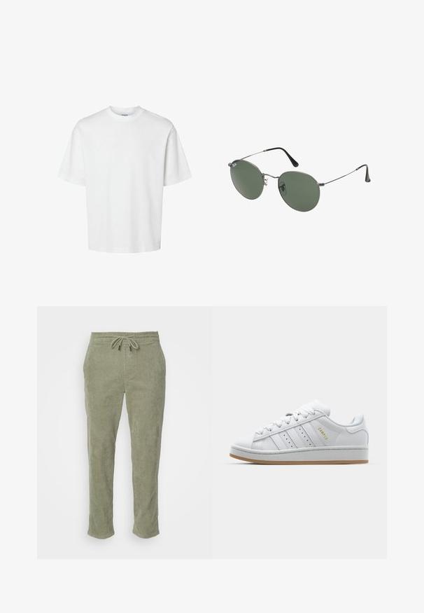 Hvid bomulds T-shirt med korte ærmer, rund halsudskæring og en afslappet pasform. Glat tekstur uden synlige mønstre eller detaljer.; Khaki fløjl bukser med elastisk talje, justerbar snøre og lige ben. Har en udtalt ribbet tekstur over hele buksen.; Hvide sneakers med perforeret tre-stribe-design, teksturerede detaljer, en gummisål og "CAMPUS" logo i guld på siden.; Metalrammede solbriller med ovale grønne linser. Tynd sølvmetalramme og sorte ørepropper. Minimalistisk design, ingen synlige logoer.