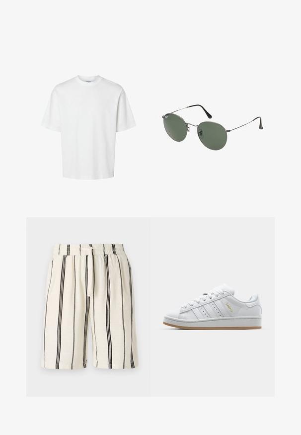 Camiseta blanca de algodón con mangas cortas, escote redondo y un corte relajado. Textura suave sin patrones o acentos visibles.; Bermudas de lino con base crema y rayas negras verticales, con cintura elástica y cordón. Diseño de corte relajado, hasta la rodilla.; Zapatilla blanca con diseño de tres rayas perforadas, acentos texturizados, suela de goma y el logo "CAMPUS" en dorado en el lateral.; Gafas de sol con marco de metal y lentes ovalados verdes. Marco delgado de metal plateado y puntas de las orejas negras. Diseño minimalista, sin logotipos visibles.