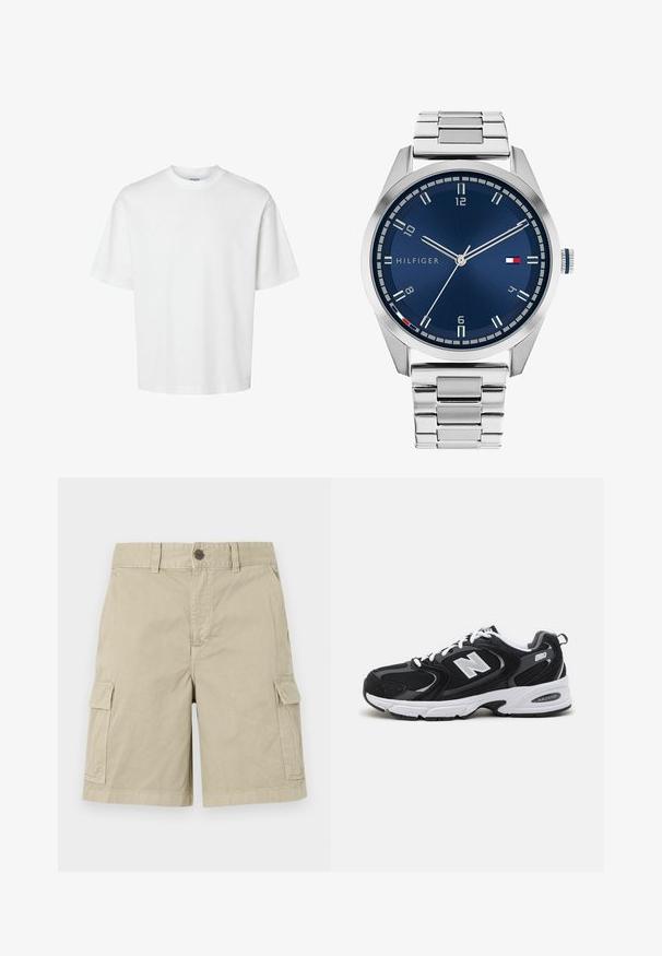 Balts kokvilnas T-krekls ar īsām piedurknēm, apaļu kakla izgriezumu un brīvu piegriezumu. Gluda tekstūra bez redzamām rakstu vai akcentu detaļām.; Beži kravas šorti, izgatavoti no kokvilnas, ar sānu kabatām, pogu aizdari un taisnās griezuma dizainu ar ikdienišķu beigu.; Melnas un pelēkas sporta kurpes ar acs un zamša augšu, ar baltu starpsole, auklām un uz sāniem izteiksmīgu "N" logo.; Sudraba metāla pulkstenis ar apstrādātu zilu ciparnīcu, baltām stundu atzīmēm un datuma displeju. Iespējo saistīta metāla josla un zīmola logo.