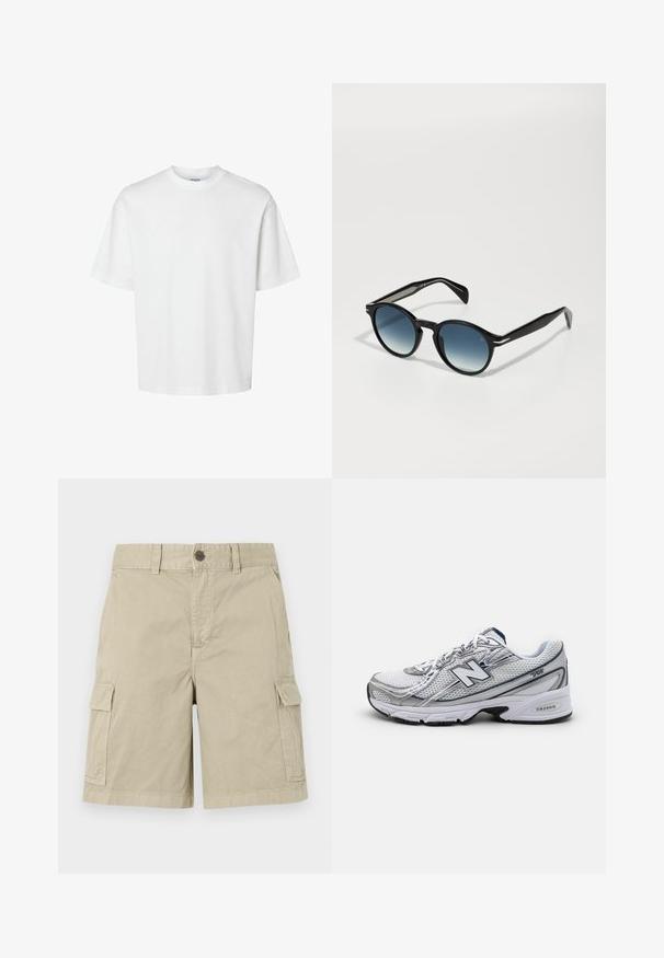 Camiseta blanca de algodón con mangas cortas, escote redondo y un corte relajado. Textura suave sin patrones o acentos visibles.; Pantalones cortos cargo beige de algodón, con bolsillos laterales, cierre de botón y un diseño recto con un acabado casual.; Zapatilla deportiva New Balance con parte superior de malla, predominantemente blanca con acentos en gris y azul marino, que presenta una suela acolchada y detalles texturizados.; Gafas de sol negras con forma ovalada, lentes degradados en tonalidad azul y brazos elegantes con distintivos acentos plateados. Textura suave en toda su superficie.