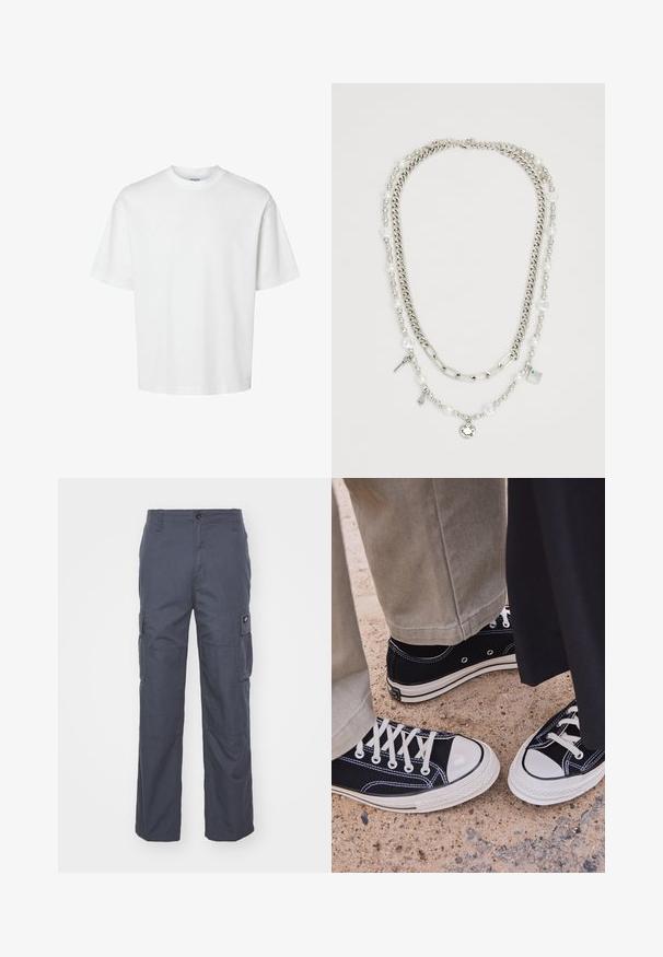 Bela bombažna majica s kratkimi rokavi, okroglo izrezana in udobnega kroja. Gladka tekstura brez vidnih vzorcev ali dekoracij.; Cargo hlače iz temnosive tkanine, ki imajo široke hlačnice, več stranskih žepov in gumbasto zapiranje v pasu. Gladka tekstura in trdna zasnova.; Črne platnene superge z belimi gumijastimi kapicami in vezalkami. Kontrastno šivanje in kovinski ježki dodajajo detajle. Obute z bež hlačami in črno tkanino.; Večplastna ogrlica z uporabljenimi srebrnimi verigami in bisernimi kroglicami ter dodatki, vključno s ključi in kvadratnim obeskom. Gladka textura z bleščečo površino.