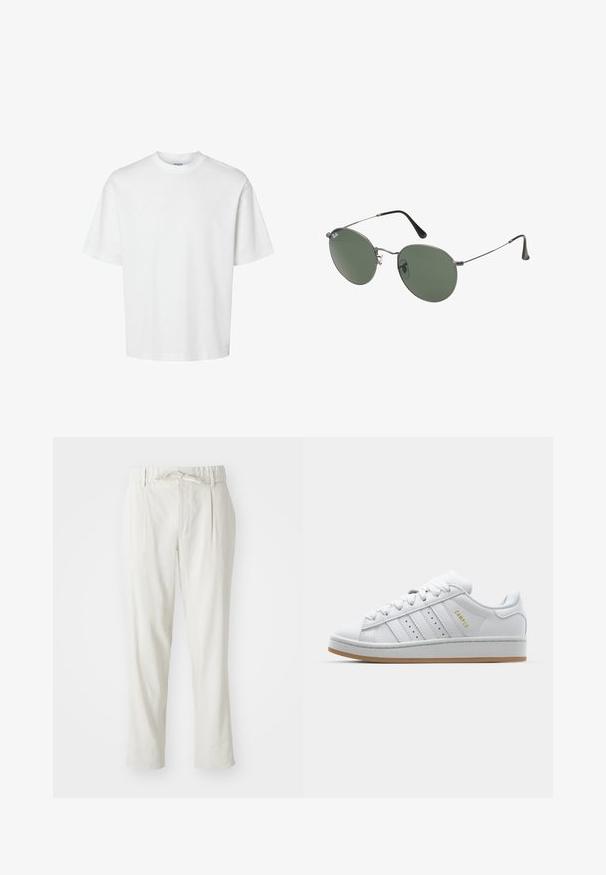 Balts kokvilnas T-krekls ar īsām piedurknēm, apaļu kakla izgriezumu un brīvu piegriezumu. Gluda tekstūra bez redzamām rakstu vai akcentu detaļām.; Gai bēšas bikses ar brīvu piegriezumu, elastīgu jostu un priekšējiem krokām. Izgatavotas no mīksta auduma, ar saistītas jostas detaļu.; Baltie balti sneki ar perforētu trīs svītru dizainu, teksturētām akcentēm, gumijas zoli un zelta "CAMPUS" logo sānos.; Metāla rāmji saulesbrillēm ar ovālām zaļām lēcām. Tievs sudraba metal rāmji un melni ausu spilventiņi. Minimalistiska dizaina, bez redzamām apzīmējumiem.