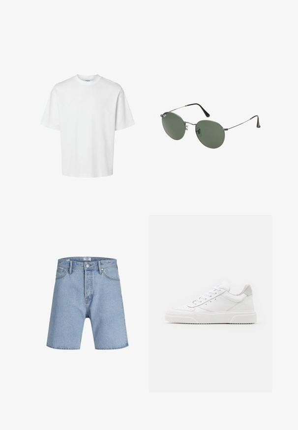 Bijela pamučna majica kratkih rukava, s okruglim izrezom i opuštenim krojem. Glatka tekstura bez vidljivih uzoraka ili ukrasa.; Jack & Jones ITONY ORIGINAL - Kratke hlače od trapera - blue denim; Bijele kožne tenisice s glatkom površinom, okruglim vrhom, ravnim vezicama i strukturiranom potplatom. Sivi antilop naglasak na peti.; Naočale s metalnim okvirom i ovalnim zelenim staklima. Tanka srebrna metalna konstrukcija i crni silikonski jastučići za uši. Minimalistički dizajn, bez vidljivih logotipa.