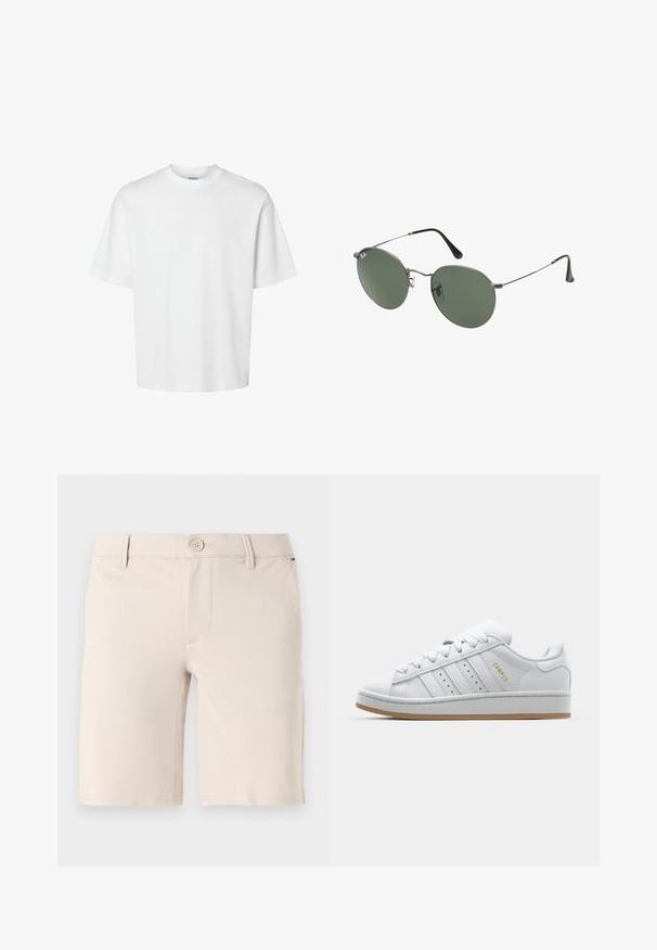 Bílý bavlněný tričko s krátkými rukávy, klasickým kulatým výstřihem a volným střihem. Hladká textura bez viditelných vzorů nebo akcentů.; Béžové šortky vyrobené z hladkého materiálu; mají zapínání na knoflík, poutka na pásek a čistý přední design se rovnými nohavicemi.; Bílé tenisky s perforovaným designem tří pruhů, texturovanými detaily, gumovou podrážkou a zlatým logem "CAMPUS" po straně.; Sluneční brýle s kovovým rámem a oválnými zelenými skly. Tenký stříbrný kovový rám a černé chrániče uší. Minimalistický design, žádné viditelné logo.