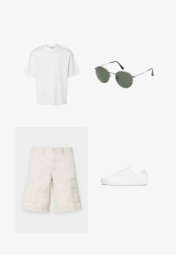 White cotton t-shirt with short sleeves, crew neckline, and a relaxed fit. Smooth texture with no visible patterns or accents.; Beige cargo shorts made from lightweight cotton, featuring two side pockets, a front button closure, and stitch detailing.; White sneaker with a smooth leather upper, round toe, flat sole, and minimalistic design. Features subtle branding and a beige accent at the heel.; Metal-framed sunglasses with oval green lenses. Thin silver metal frame and black ear tips. Minimalist design, no visible logos.