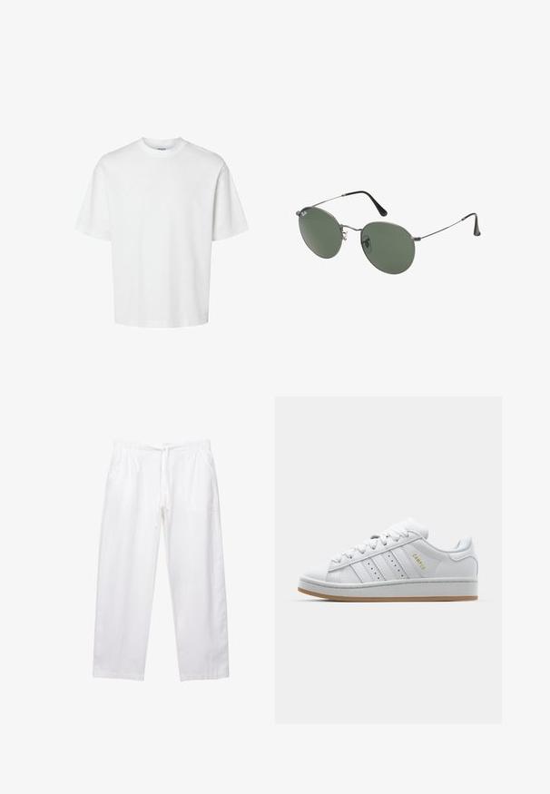 Bílý bavlněný tričko s krátkými rukávy, klasickým kulatým výstřihem a volným střihem. Hladká textura bez viditelných vzorů nebo akcentů.; Bílé, volné kalhoty vyrobené z lehkého materiálu. Mají elastický pas se šňůrkou a dvě boční kapsy.; Bílé tenisky s perforovaným designem tří pruhů, texturovanými detaily, gumovou podrážkou a zlatým logem "CAMPUS" po straně.; Sluneční brýle s kovovým rámem a oválnými zelenými skly. Tenký stříbrný kovový rám a černé chrániče uší. Minimalistický design, žádné viditelné logo.