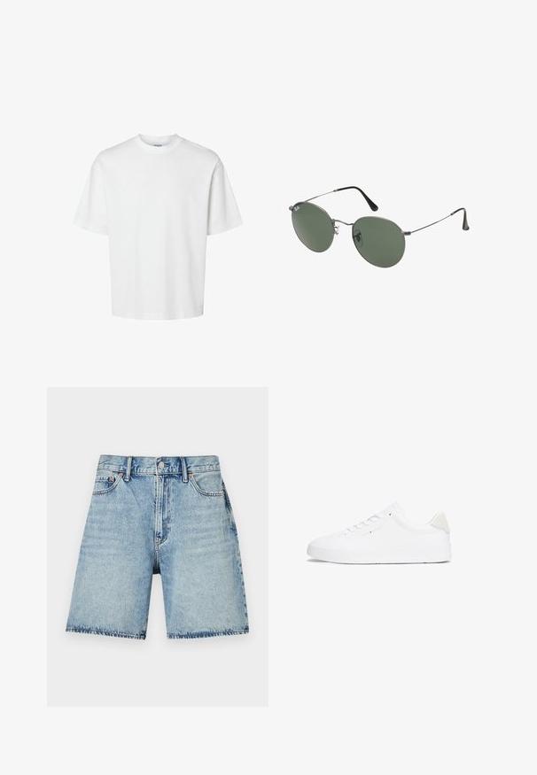 Hvit bomull t-skjorte med korte ermer, rund hals og avslappet passform. Glatt tekstur uten synlige mønstre eller detaljer.; Lyseblå denimshorts med rett snitt, fem lommer og synlige sømmer. Har knappeåpning foran.; Hvite sneakers med en glatt lær-overdel, rund tå, flat såle og minimalistisk design. Har diskret merkevare og en beige aksent ved hælen.; Metallinnrammede solbriller med ovale grønne linser. Tynn sølvfarget metallramme og svarte øreplugger. Minimalistisk design, ingen synlige logoer.