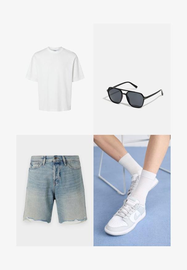 T-shirt en coton blanc à manches courtes, col rond et coupe décontractée. Texture lisse sans motifs ou accents visibles.; Shorts en denim bleu clair avec une finition délavée. Présente un ourlet effiloché et un design classique à cinq poches. Fermeture à bouton en métal à la taille.; Baskets blanches avec des accents bleu clair, tige en cuir, bout perforé, lacets épais et chaussettes blanches côtelées sur fond bleu.; Lunettes de soleil noires avec monture octogonale, verres foncés, finition brillante, branches fines et accents dorés sur l'avant.