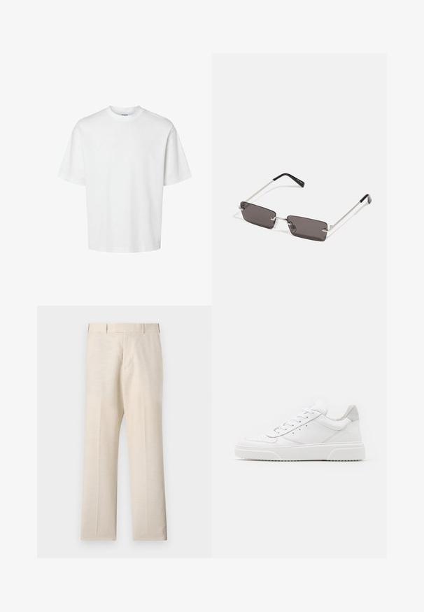 Bílý bavlněný tričko s krátkými rukávy, klasickým kulatým výstřihem a volným střihem. Hladká textura bez viditelných vzorů nebo akcentů.; Beige kalhoty vyrobené z tkané látky s hladkým povrchem, s plochým předním dílem, bočními kapsami a rovnými nohavicemi.; Bílé kožené tenisky s hladkým povrchem, zaoblenou špičkou, plochými tkaničkami a texturovanou podrážkou. Šedý semišový detail na patě.; Sluneční brýle s obdélníkovými tmavě šedými skly, stříbrnými kovovými rámy a černými plastovými konci na nožičkách. Lehké provedení s podložkami na nos.