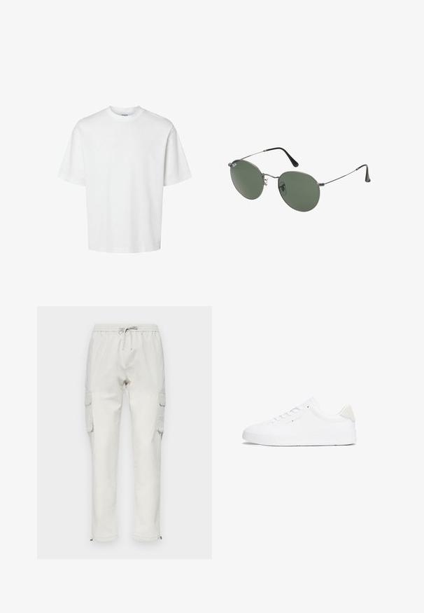 Valge puuvillane t-särk lühikeste varrukatega, ümmarguse kaelusega ja lõdva lõikega. Sile tekstuur, ilma nähtavate mustrite või aktsentideta.; Heledad beez värvi cargo püksid, mis on valmistatud puuvillast, millel on elastne vöökoht ja pael, küljetaskud ning lukud pahkluude juures.; Valged tennisjalanõud sujuva nahkuse ülemise osa, ümmarguse varba, lame tallaga ja minimalistliku disainiga. Omavad peent brändimist ja beeži aktsenti kandadel.; Metallist raamistikuga prillid ovaalsete roheliste läätsedega. Õhuke hõbedane metallraam ja mustad kõrvakatted. Minimalistlik disain, nähtavad logod puuduvad.
