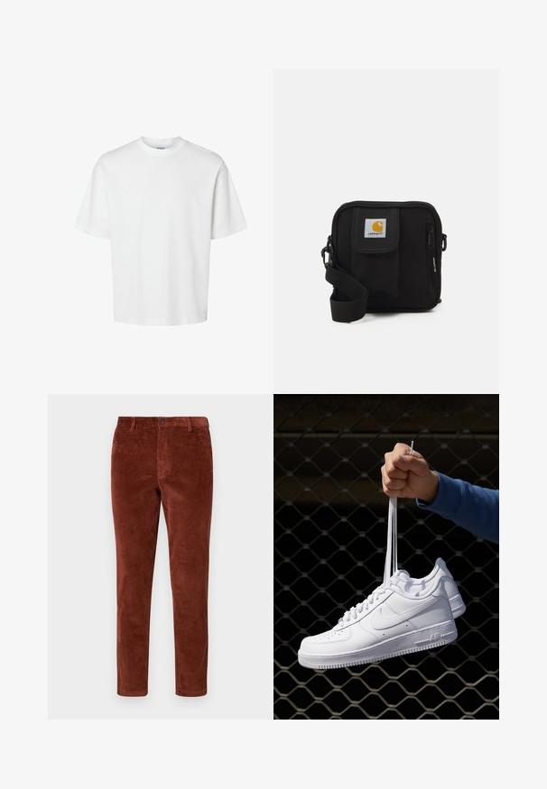 Bijela pamučna majica kratkih rukava, s okruglim izrezom i opuštenim krojem. Glatka tekstura bez vidljivih uzoraka ili ukrasa.; Hlače od rebrastog pamuka u boji hrđe s ravnim krojem, s jednim zatvaranjem na gumb i teksturiranim rebrastim uzorkom kroz cijelu površinu.; Bijele kožne tenisice s perforacijama, okruglim vrhom, ravnim potplatom i debelim vezicama, s vidljivim swoosh logom i natpisom "AIR" na peti.; Crna torba za preko ramena s glavnim odjeljkom na patentni zatvarač, prednjim džepom, podešivim remenom i vidljivom oznakom na preklopu.