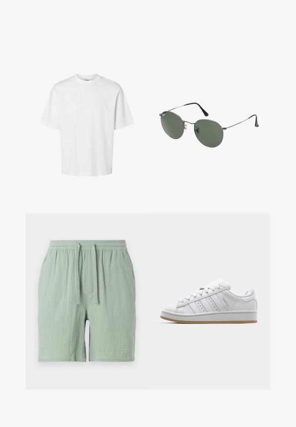 White cotton t-shirt with short sleeves, crew neckline, and a relaxed fit. Smooth texture with no visible patterns or accents.; Light green cotton shorts with an elastic waistband and drawstring. Textured, slightly crinkled fabric, featuring a side pocket.; White sneaker with perforated three-stripe design, textured accents, a rubber sole, and "CAMPUS" logo in gold on the side.; Metal-framed sunglasses with oval green lenses. Thin silver metal frame and black ear tips. Minimalist design, no visible logos.
