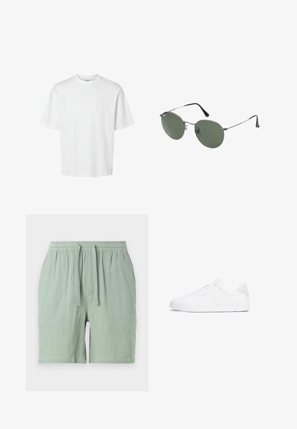 T-shirt en coton blanc à manches courtes, col rond et coupe décontractée. Texture lisse sans motifs ou accents visibles.; Shorts en coton vert clair avec une taille élastique et un cordon de serrage. Tissu texturé légèrement froissé, avec une poche sur le côté.; Baskets blanches avec une tige en cuir lisse, bout arrondi, semelle plate et design minimaliste. Présente un branding discret et un accent beige au talon.; Lunettes de soleil en métal avec des verres ovales verts. Monture en métal argenté mince et embouts d'oreille noirs. Design minimaliste, sans logos visibles.