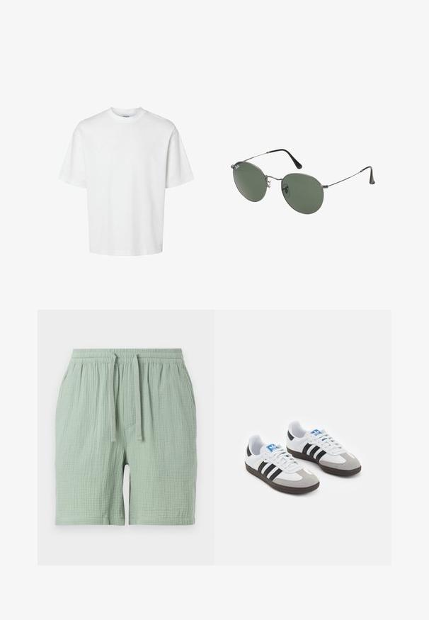 White cotton t-shirt with short sleeves, crew neckline, and a relaxed fit. Smooth texture with no visible patterns or accents.; Light green cotton shorts with an elastic waistband and drawstring. Textured, slightly crinkled fabric, featuring a side pocket.; Sport shoes with a white leather upper, gray suede toe, and three black stripes. Features a blue logo on the tongue and a textured rubber sole.; Metal-framed sunglasses with oval green lenses. Thin silver metal frame and black ear tips. Minimalist design, no visible logos.
