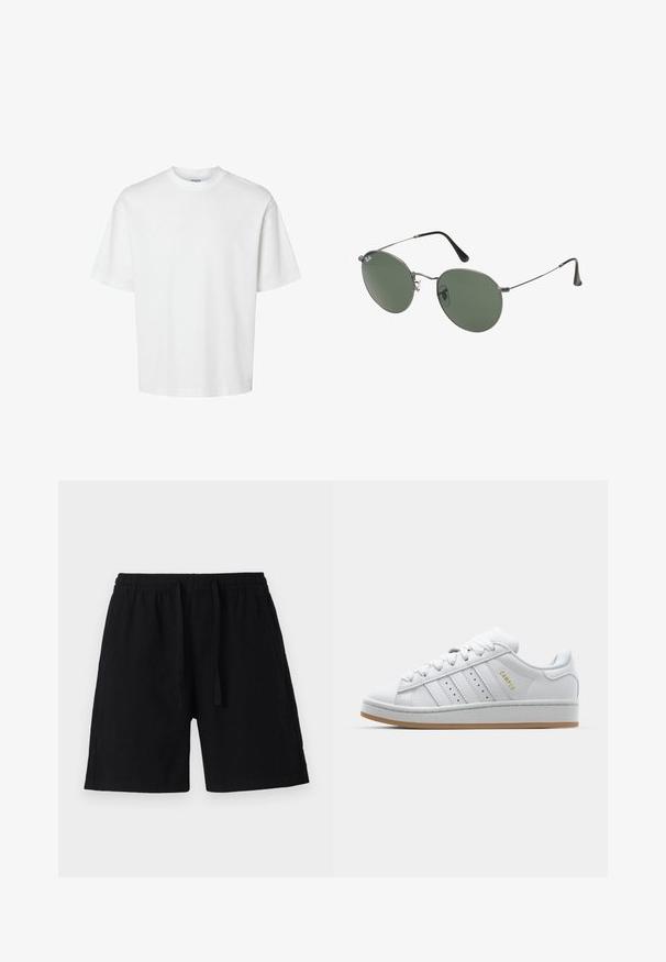 T-shirt en coton blanc à manches courtes, col rond et coupe décontractée. Texture lisse sans motifs ou accents visibles.; Shorts noirs en matériau léger avec une taille élastique et un cordon de serrage. Ils présentent une coupe décontractée et ne comportent pas de poches visibles.; Baskets blanches avec un design perforé à trois rayures, des accents texturés, une semelle en caoutchouc et le logo "CAMPUS" en doré sur le côté.; Lunettes de soleil en métal avec des verres ovales verts. Monture en métal argenté mince et embouts d'oreille noirs. Design minimaliste, sans logos visibles.