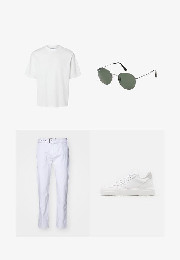 Witte katoenen t-shirt met korte mouwen, ronde hals en een relaxed fit. Gladde textuur zonder zichtbare patronen of accenten.; Witte katoenen broek met een rechte pasvorm, voorzien van een gestructureerde stof, riemlussen en een bijpassende riem met zilverkleurige hardware.; Witte leren sneakers met een gladde afwerking, ronde neus, platte veters en een gestructureerde zool. Grijze suède accent bij de hiel.; Metalen zonnebril met ovale groene lenzen. Dunne zilveren metalen rand en zwarte oorstoppers. Minimalistisch ontwerp, zonder zichtbare logo's.