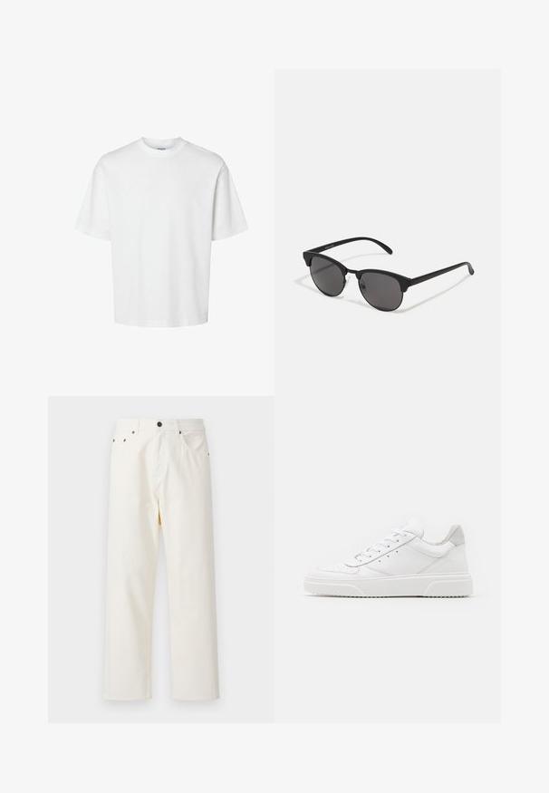 White cotton t-shirt with short sleeves, crew neckline, and a relaxed fit. Smooth texture with no visible patterns or accents.; Jack & Jones Baggy Jeans - antique white; White leather sneakers with a smooth finish, rounded toe, flat laces, and a textured sole. Grey suede accent at the heel.; Black sunglasses with round lenses, matte finish, and distinctive cat-eye shape. Slim arms with subtle branding on the left temple.