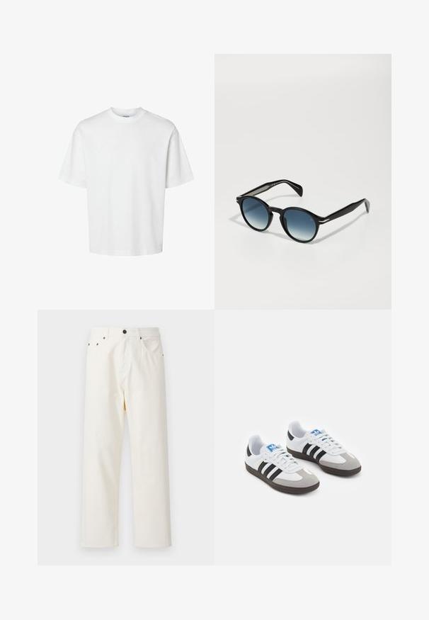 Λευκό μπλουζάκι από βαμβάκι με κοντά μανίκια, στρογγυλή λαιμόκοψη και άνετη εφαρμογή. Λείος υφή χωρίς ορατά σχέδια ή διακοσμητικά στοιχεία.; Jack & Jones JPSTALEX ORIGINAL - Φαρδύ τζιν - antique white; Αθλητικά παπούτσια με άσπρη δερμάτινη πάνω επιφάνεια, γκρι σουέτ μύτη και τρεις μαύρες ρίγες. Διαθέτουν μπλε λογότυπο στη γλώσσα και υφασμένο καουτσούκ σόλα.; Μαύρα γυαλιά ηλίου με οβάλ σχήμα, καμπύλους μπλε φακούς και κομψά μπράτσα με χαρακτηριστικές ασημένιες λεπτομέρειες. Λείο υφή σε όλη την επιφάνεια.