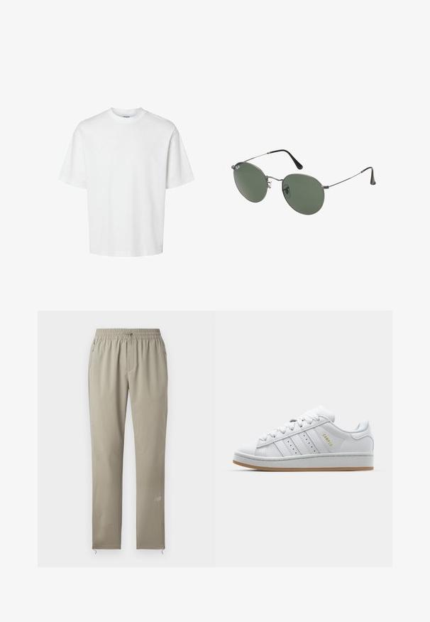 Tricou alb din bumbac, cu mâneci scurte, guler rotund și o croială lejeră. Textură netedă, fără modele sau accente vizibile.; Pantaloni atletici bej cu talie elastică, buzunare cu fermoar și un design conic. Prezintă un logo subtil pe partea inferioară a piciorului.; Adidași albi cu un design perforat cu trei dungi, accente texturate, o talpă din cauciuc și logo-ul "CAMPUS" în aur pe lateral.; Ochelari de soare cu ramă metalică, dotati cu lentile ovale verzi. Ramă subțire din metal argintiu și ușițe negre. Design minimalist, fără logo-uri vizibile.