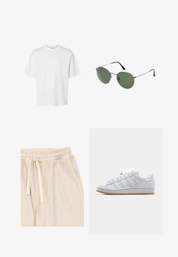 Biała bawełniana koszulka z krótkim rękawem, okrągłym dekoltem i luźnym krojem. Gładka struktura bez widocznych wzorów czy akcentów.; Jasno beżowe, prążkowane spodnie dresowe z elastycznym pasem, regulowanym sznurkiem i bocznymi kieszeniami. Miękka tekstura i luźny krój.; Białe trampki z perforowanym wzorem trzech pasków, teksturowanymi akcentami, gumową podeszwą oraz złotym logiem "CAMPUS" z boku.; Okulary przeciwsłoneczne z metalową ramą i owalnymi zielonymi soczewkami. Cienka srebrna metalowa rama i czarne końcówki zauszników. Minimalistyczny design, bez widocznych logo.