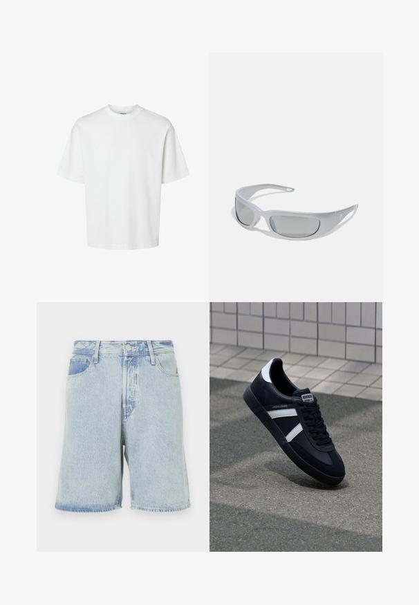 Fehér pamut póló rövid ujjakkal, kerek nyakkivágással és laza szabással. Simább textúra, látható minták vagy kiegészítők nélkül.; Világoskék farmer rövidnadrág, laza szabású, öt zsebes dizájnnal, elülső gombos záródással és kikopott szegélyekkel.; Fekete bőr sportcipő fehér csíkokkal, textúrált gumitalppal és fűzős elejével. A nyelvén márkás címke található.; Sötét, szürke műanyag kerettel, ívelt kialakítással és szürke színű lencsékkel ellátott napszemüveg. Az egyik szárán logó kiemelés található.
