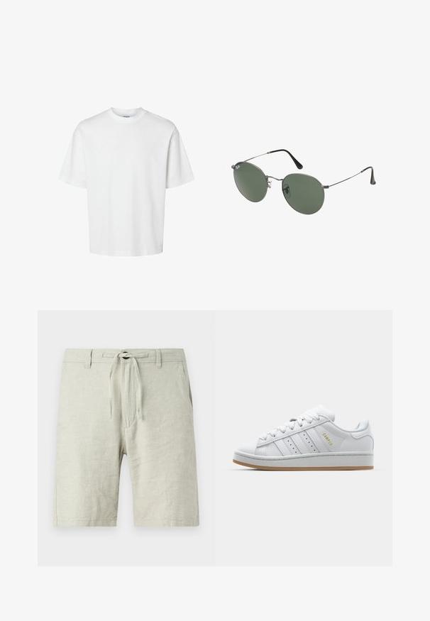 Bílý bavlněný tričko s krátkými rukávy, klasickým kulatým výstřihem a volným střihem. Hladká textura bez viditelných vzorů nebo akcentů.; Světlé šedé lněné šortky s elastickým stahovacím pasem, bočními kapsami a volným střihem. Texturovaná tkanina s mírným leskem.; Bílé tenisky s perforovaným designem tří pruhů, texturovanými detaily, gumovou podrážkou a zlatým logem "CAMPUS" po straně.; Sluneční brýle s kovovým rámem a oválnými zelenými skly. Tenký stříbrný kovový rám a černé chrániče uší. Minimalistický design, žádné viditelné logo.