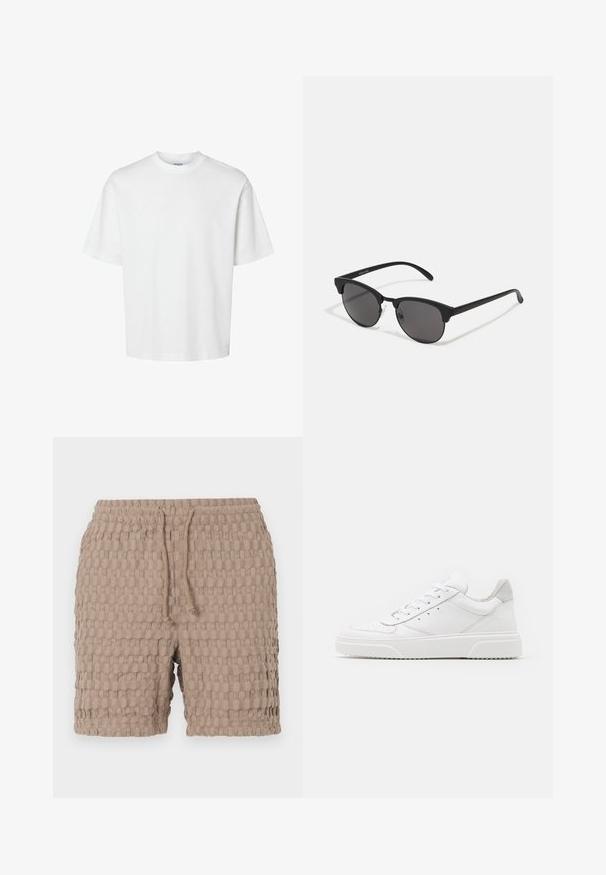 Vit bomullströja med korta ärmar, rundad halsringning och en avslappnad passform. Slät textur utan synliga mönster eller detaljer.; Beige shorts i strukturerad tyg med ett rutmönster, med resårmidja och snøring för justerbar passform.; Vita lädersneakers med en slät yta, rund tå, platta snören och en texturerad sula. Grå mockadetalj vid hälen.; Svarta solglasögon med rundade linser, matt finish och tydlig cat-eye form. Smala skalmar med subtil logotyp på vänster skalmtempel.
