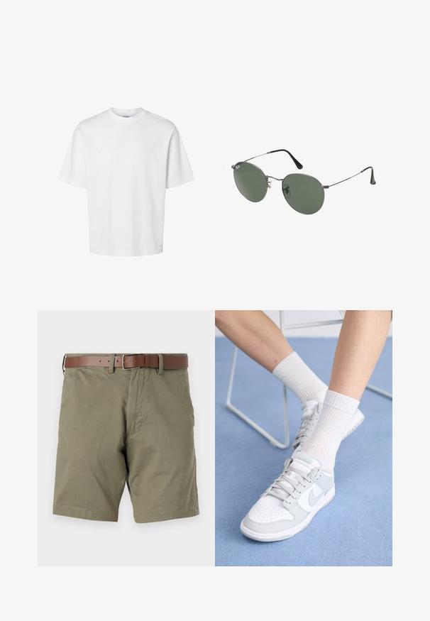 T-shirt en coton blanc à manches courtes, col rond et coupe décontractée. Texture lisse sans motifs ou accents visibles.; Shorts vert olive en tissu, dotés d'une ceinture en cuir marron, de poches avant et d'un ourlet droit. Texture lisse et design décontracté.; Baskets blanches avec des accents bleu clair, tige en cuir, bout perforé, lacets épais et chaussettes blanches côtelées sur fond bleu.; Lunettes de soleil en métal avec des verres ovales verts. Monture en métal argenté mince et embouts d'oreille noirs. Design minimaliste, sans logos visibles.