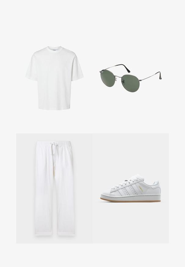 T-shirt bianco in cotone con maniche corte, scollo rotondo e vestibilità rilassata. Texture liscia senza pattern o dettagli visibili.; Pantaloni bianchi dalla vestibilità rilassata con fascia elastica in vita e coulisse regolabile. Presentano tasche laterali e una morbida texture in cotone.; Sneaker bianca con design a tre strisce perforate, dettagli testurizzati, suola in gomma e logo "CAMPUS" in oro sul lato.; Occhiali da sole con montatura in metallo e lenti verdi ovali. Montatura sottile in metallo argento e terminali neri. Design minimalista, senza loghi visibili.