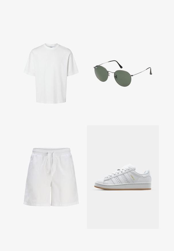 T-shirt en coton blanc à manches courtes, col rond et coupe décontractée. Texture lisse sans motifs ou accents visibles.; Shorts en coton blancs avec une taille élastique et un cordon de serrage. Présentent une coupe décontractée et des poches latérales.; Baskets blanches avec un design perforé à trois rayures, des accents texturés, une semelle en caoutchouc et le logo "CAMPUS" en doré sur le côté.; Lunettes de soleil en métal avec des verres ovales verts. Monture en métal argenté mince et embouts d'oreille noirs. Design minimaliste, sans logos visibles.