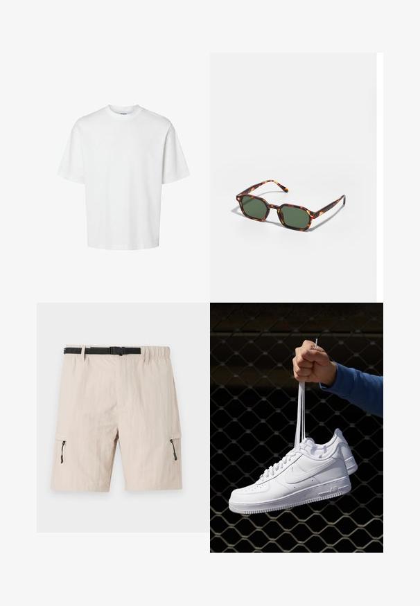 Bijela pamučna majica kratkih rukava, s okruglim izrezom i opuštenim krojem. Glatka tekstura bez vidljivih uzoraka ili ukrasa.; Bež kratke hlače od cargo materijala s elastičnom trakicama u struku, podesivim crnim remenom i bočnim džepovima na zatvarač. Izrađene od laganog materijala s suptilnom teksturom.; Bijele kožne tenisice s perforacijama, okruglim vrhom, ravnim potplatom i debelim vezicama, s vidljivim swoosh logom i natpisom "AIR" na peti.; Tortoiseshell sunčane naočale s zelenim lećama, sa osmerokutnim oblikom i tankim, zakrivljenim drškama. Materijal ima sjajnu završnu obradu.