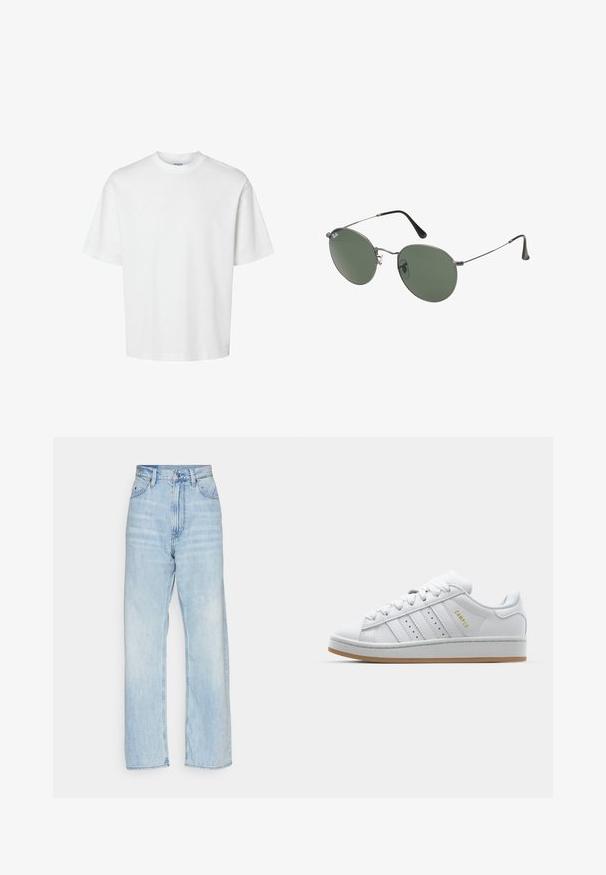 Balta medvilninė marškinė su trumpomis rankovėmis, apvaliu iškirpimu ir laisvu siluetu. Lygus paviršius be matomų raštų ar akcentų.; Šviesiai mėlynos aukšto liemens džinsai su plačiomis kojomis, turi priekiniai kišeniai ir mygtuko uždarymą. Minkšta džinsinio audinio tekstūra su švelniu blukimu.; Baltos sportbačiai su perforuotu trimis dryželiais, tekstūruotais akcentais, guminiais padais ir auksiniu "CAMPUS" logotipu šone.; Metaliniai akiniai su ovaliais žaliais lęšiais. Plonas sidabro spalvos metalinis rėmas ir juodi ausų laikikliai. Minimalistinis dizainas, be matomų logotipų.