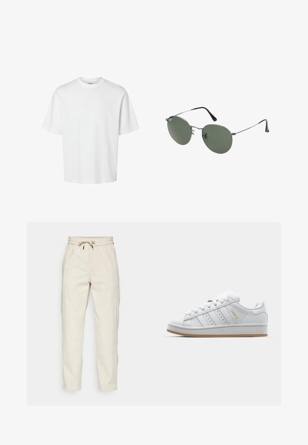 Balts kokvilnas T-krekls ar īsām piedurknēm, apaļu kakla izgriezumu un brīvu piegriezumu. Gluda tekstūra bez redzamām rakstu vai akcentu detaļām.; Gai beicēnu korduroja bikses ar aukliņu jostasvietā, sānu kabatām un brīvu piegriezumu, ar ribotu tekstūru un sašaurinātām kājām.; Baltie balti sneki ar perforētu trīs svītru dizainu, teksturētām akcentēm, gumijas zoli un zelta "CAMPUS" logo sānos.; Metāla rāmji saulesbrillēm ar ovālām zaļām lēcām. Tievs sudraba metal rāmji un melni ausu spilventiņi. Minimalistiska dizaina, bez redzamām apzīmējumiem.