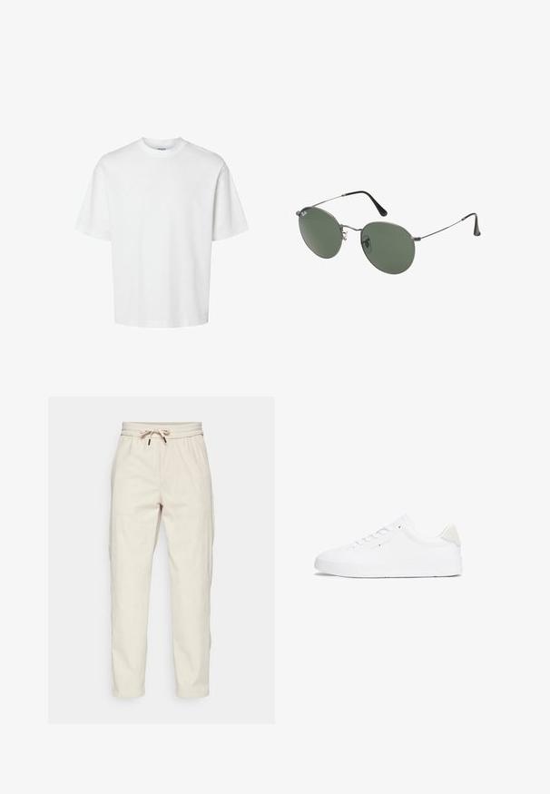 Hvit bomull t-skjorte med korte ermer, rund hals og avslappet passform. Glatt tekstur uten synlige mønstre eller detaljer.; Lys beige kordfløyelsbukser med strikk i livet, sidelommer og en avslappet passform, med ribbet tekstur og avsmalnende ben.; Hvite sneakers med en glatt lær-overdel, rund tå, flat såle og minimalistisk design. Har diskret merkevare og en beige aksent ved hælen.; Metallinnrammede solbriller med ovale grønne linser. Tynn sølvfarget metallramme og svarte øreplugger. Minimalistisk design, ingen synlige logoer.