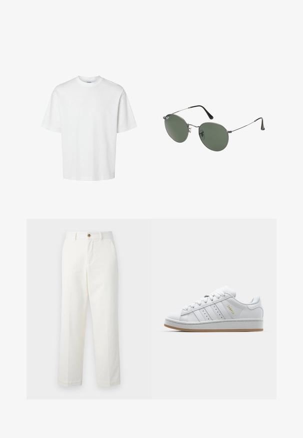 Balts kokvilnas T-krekls ar īsām piedurknēm, apaļu kakla izgriezumu un brīvu piegriezumu. Gluda tekstūra bez redzamām rakstu vai akcentu detaļām.; Baltas uzvalku bikses, izgatavotas no kokvilnas, ar taisnu kāju dizainu, priekšējām kabatām un pogu aizdari jostasvietā. Gluda tekstūra.; Baltie balti sneki ar perforētu trīs svītru dizainu, teksturētām akcentēm, gumijas zoli un zelta "CAMPUS" logo sānos.; Metāla rāmji saulesbrillēm ar ovālām zaļām lēcām. Tievs sudraba metal rāmji un melni ausu spilventiņi. Minimalistiska dizaina, bez redzamām apzīmējumiem.