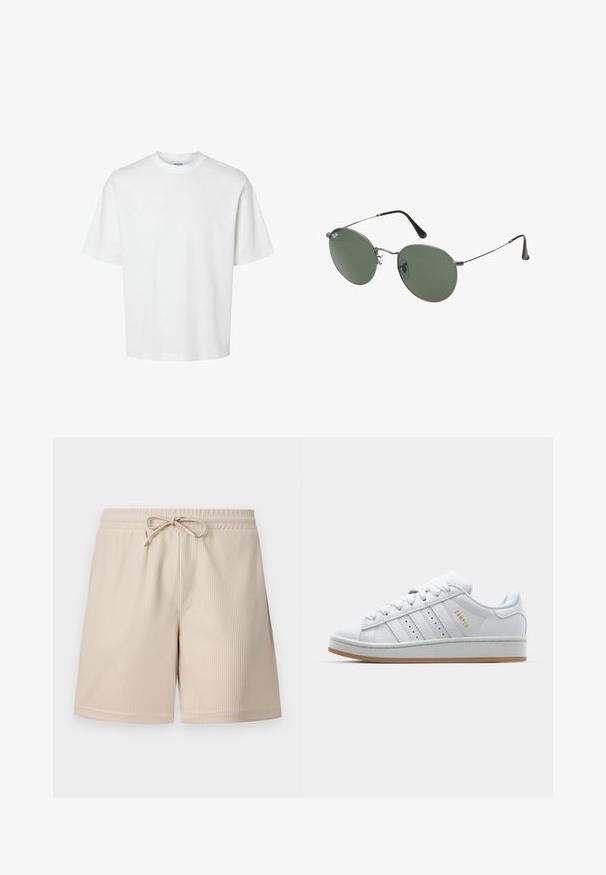 T-shirt en coton blanc à manches courtes, col rond et coupe décontractée. Texture lisse sans motifs ou accents visibles.; Shorts beige avec une texture côtelée, taille élastique avec cordon de serrage et poches latérales, présentant un design simple et fonctionnel.; Baskets blanches avec un design perforé à trois rayures, des accents texturés, une semelle en caoutchouc et le logo "CAMPUS" en doré sur le côté.; Lunettes de soleil en métal avec des verres ovales verts. Monture en métal argenté mince et embouts d'oreille noirs. Design minimaliste, sans logos visibles.