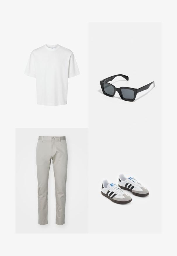 Witte katoenen t-shirt met korte mouwen, ronde hals en een relaxed fit. Gladde textuur zonder zichtbare patronen of accenten.; Lichtgrijze katoenen broek met een recht pasvorm, platte voorkant en geen zichtbare zakken of versieringen. Gladde textuur, effen afwerking.; Sportschoenen met een witte leren bovenkant, grijze suède neus en drie zwarte strepen. Bevat een blauw logo op de tong en een gestructureerde rubberen zool.; Zwarte rechthoekige zonnebril met donkere lenzen. Kunststof frame met een glanzende afwerking, met een brede neusbrug en licht taps toelopende pootjes.