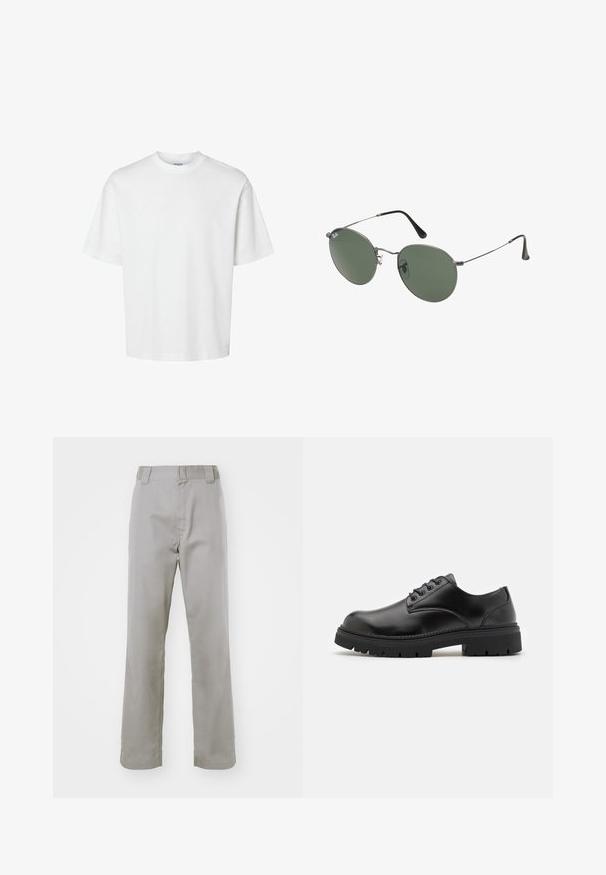 White cotton t-shirt with short sleeves, crew neckline, and a relaxed fit. Smooth texture with no visible patterns or accents.; Gray cotton trousers with a straight leg design, featuring a flat front, belt loops, and a smooth texture.; Black leather shoes with a rounded toe, lace-up design, and a thick, textured rubber sole. Features stitching along the edge and a smooth finish.; Metal-framed sunglasses with oval green lenses. Thin silver metal frame and black ear tips. Minimalist design, no visible logos.