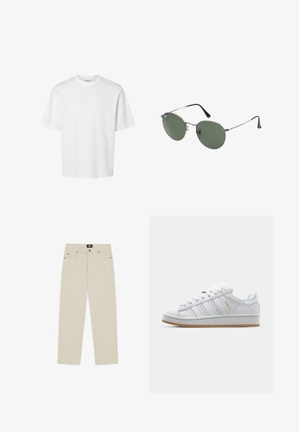 Tricou alb din bumbac, cu mâneci scurte, guler rotund și o croială lejeră. Textură netedă, fără modele sau accente vizibile.; Pantaloni din bumbac bej cu un design drept, având două buzunare frontale și două buzunare pe spate. Accente metalice pe buzunare.; Adidași albi cu un design perforat cu trei dungi, accente texturate, o talpă din cauciuc și logo-ul "CAMPUS" în aur pe lateral.; Ochelari de soare cu ramă metalică, dotati cu lentile ovale verzi. Ramă subțire din metal argintiu și ușițe negre. Design minimalist, fără logo-uri vizibile.