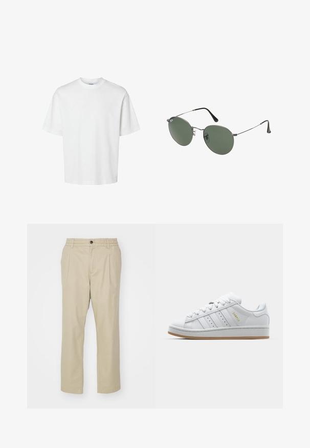 Balta medvilninė marškinė su trumpomis rankovėmis, apvaliu iškirpimu ir laisvu siluetu. Lygus paviršius be matomų raštų ar akcentų.; Jack & Jones JPSTKARL JJLAWRENCE SOUTH - Kelnės - crockery; Baltos sportbačiai su perforuotu trimis dryželiais, tekstūruotais akcentais, guminiais padais ir auksiniu "CAMPUS" logotipu šone.; Metaliniai akiniai su ovaliais žaliais lęšiais. Plonas sidabro spalvos metalinis rėmas ir juodi ausų laikikliai. Minimalistinis dizainas, be matomų logotipų.