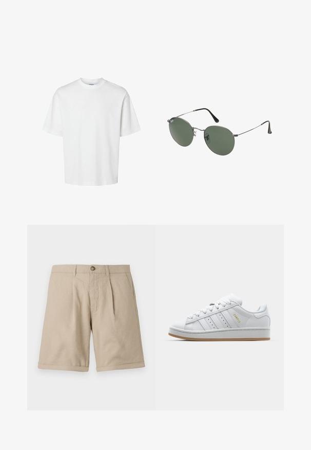 Λευκό μπλουζάκι από βαμβάκι με κοντά μανίκια, στρογγυλή λαιμόκοψη και άνετη εφαρμογή. Λείος υφή χωρίς ορατά σχέδια ή διακοσμητικά στοιχεία.; Μπεζ βαμβακερές βερμούδες με επίπεδο μπροστινό μέρος, δύο πτυχώσεις και γυριστό στρίφωμα. Διαθέτουν κούμπωμα με κουμπί και δύο πλαϊνές τσέπες. Λείο υλικό.; Λευκό αθλητικό παπούτσι με τρύπες και τρεις λωρίδες σχεδίασης, υφασμάτινες λεπτομέρειες, καουτσούκ σόλα και λογότυπο "CAMPUS" σε χρυσό στο πλάι.; Σαπούνια κατασκευασμένα από μέταλλο με οβάλ πράσινους φακούς. Λεπτό ασημένιο μεταλλικό πλαίσιο και μαύρα ακροφύσια. Μινιμαλιστικός σχεδιασμός, χωρίς ορατά λογότυπα.