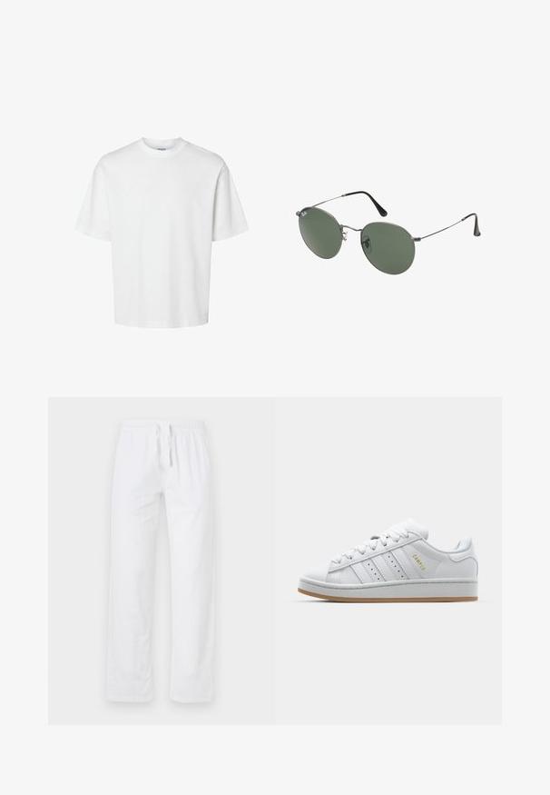 Vit bomullströja med korta ärmar, rundad halsringning och en avslappnad passform. Slät textur utan synliga mönster eller detaljer.; Vita, lätta bomullsbyxor med elastisk midja och dragsko; har vida ben och en slät, icke-texturerad yta.; Vit sneaker med perforerad tre-randig design, texturerade detaljer, gummisula och "CAMPUS"-logotyp i guld på sidan.; Metallinramade solglasögon med ovala gröna linser. Tunn silvermetallram och svarta öronpluggar. Minimalistisk design, inga synliga logotyper.