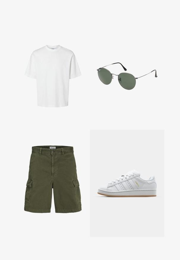 White cotton t-shirt with short sleeves, crew neckline, and a relaxed fit. Smooth texture with no visible patterns or accents.; Olive green cargo shorts made of cotton, featuring a zip fly, belt loops, side pockets, and a straight cut design.; White sneaker with perforated three-stripe design, textured accents, a rubber sole, and "CAMPUS" logo in gold on the side.; Metal-framed sunglasses with oval green lenses. Thin silver metal frame and black ear tips. Minimalist design, no visible logos.