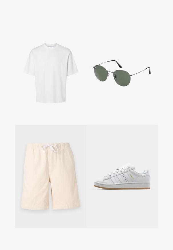 Fehér pamut póló rövid ujjakkal, kerek nyakkivágással és laza szabással. Simább textúra, látható minták vagy kiegészítők nélkül.; Beige színű pamut rövidnadrág, amely laza szabású, rugalmas derékrésszel és fehér zsinórral rendelkezik. Oldalsó zsebekkel és sima textúrával rendelkezik.; Fehér sneaker perforált háromsávos dizájnnal, texturált akcentusokkal, gumitalppal és arany "CAMPUS" logóval az oldalon.; Fémkeretes napszemüveg ovális zöld lencsékkel. Vékony ezüst színű fémkeret és fekete fülrész. Minimalista dizájn, látható logók nélkül.